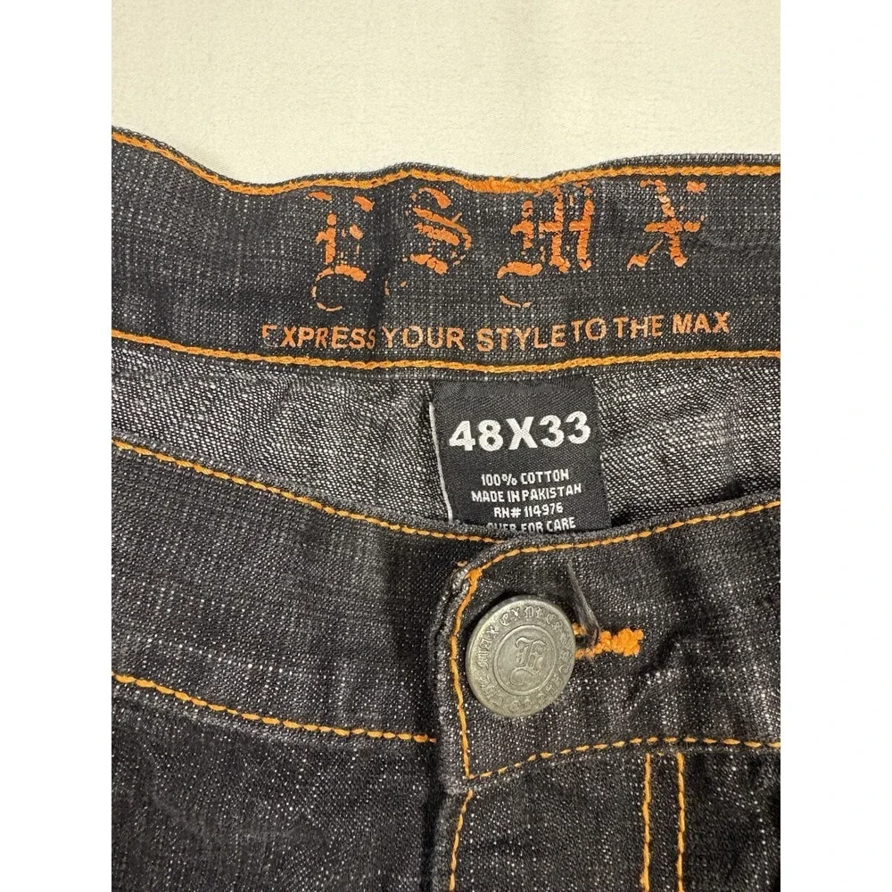 Vintage Y2K ESMX Jeans Mens 48x33 Baggy Wide Leg Embroidered Orange Lion Pocket